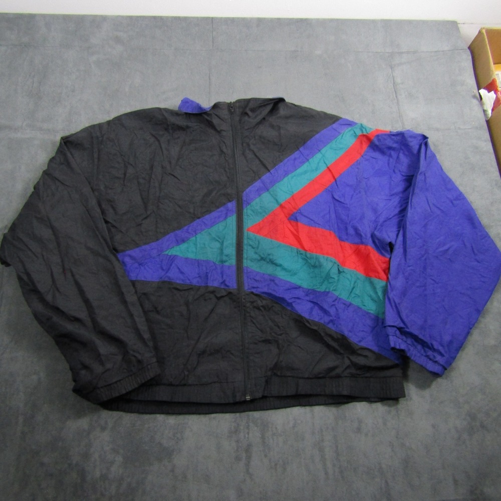 White Stag Windbreaker Jacket Women XL Black Multi Colorblock Vintage 90s Zip